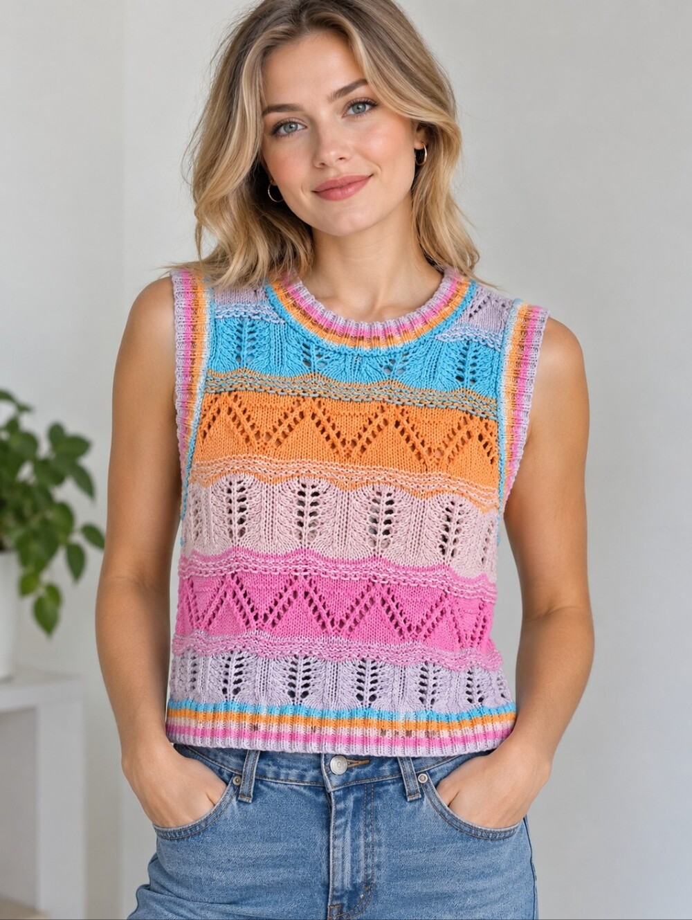 ZARA Multicolor Striped Open-Knit Sleeveless Sweater Vest
